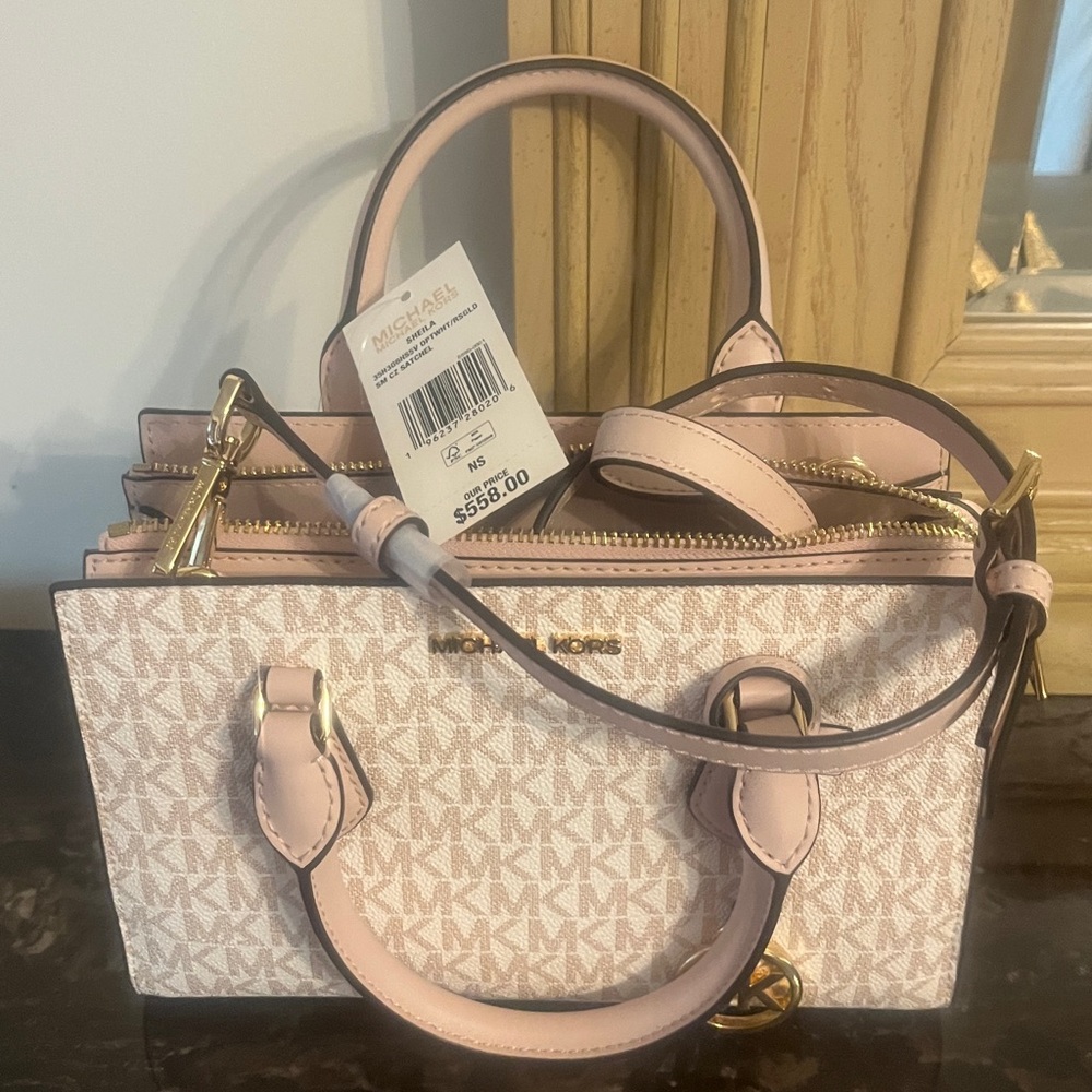 Michael Kors SHEILA Pink and Cream with Gold Signature Satchel